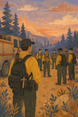 Wildland Firefighter Briefing at Dusk