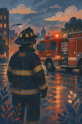 Firefighter by Fire Truck at Dusk