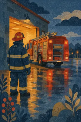 Firefighter by Red Truck at Blue Hour
