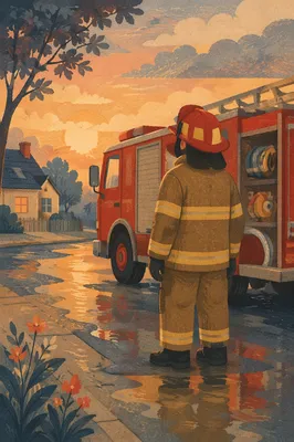 Firefighter by Red Truck at Dawn