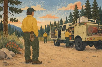 Wildland Firefighter Beside Brush Truck at Dusk