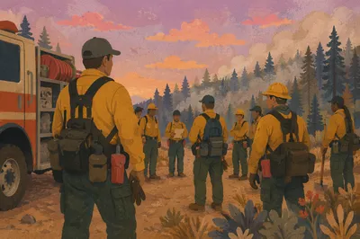 Wildland Firefighter Beside Truck at Dusk