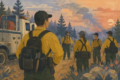 Wildland Firefighter Briefing at Dusk