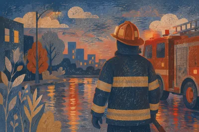 Heroic Firefighter Beside Truck at Dusk