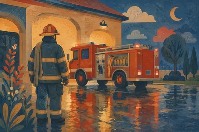 Firefighter Beside Red Truck at Blue Hour