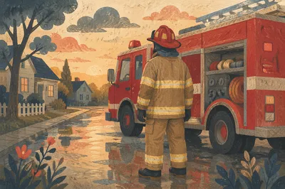 Firefighter by Red Truck at Dawn