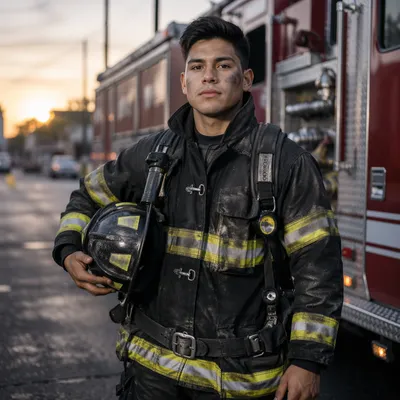 Firefighter Beside Fire Truck at Dawn