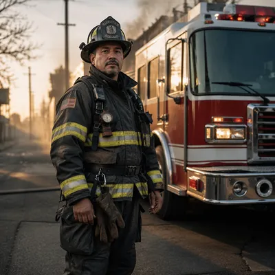 Firefighter Beside Red Fire Truck at Sunrise