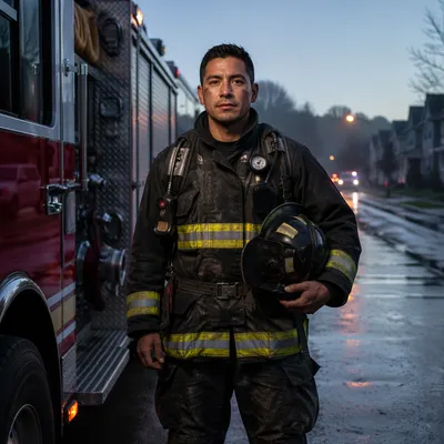 Firefighter Beside Red Fire Truck at Dawn