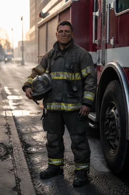 Firefighter Beside Red Truck at Dawn