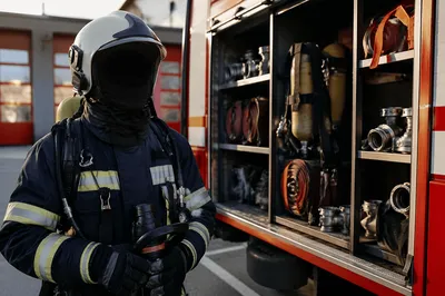 Firefighter in Gear Beside Fire Truck