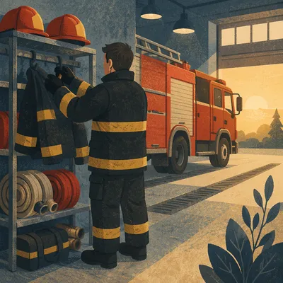 Firefighter Preparing Beside Truck at Station