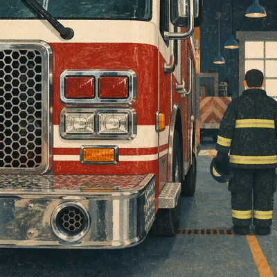 Firefighter Beside Red Fire Truck Station