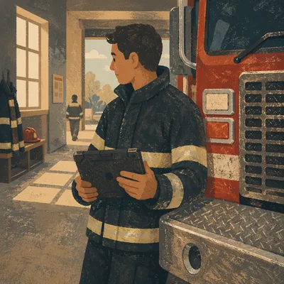 Firefighter Checking Tablet Beside Fire Engine