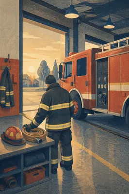 Firefighter Preparing Beside Truck at Dawn