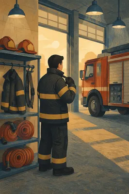 Firefighter Preparing Beside Truck at Dawn