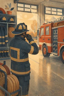 Firefighter Preparing Beside Fire Truck
