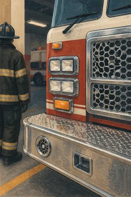 Firefighter Beside Red Fire Truck Station