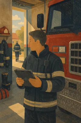 Firefighter Checking Tablet Beside Fire Engine