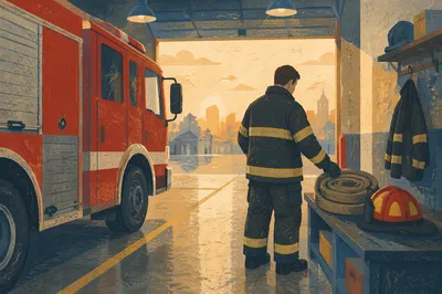 Firefighter Preparing Beside Truck at Dawn