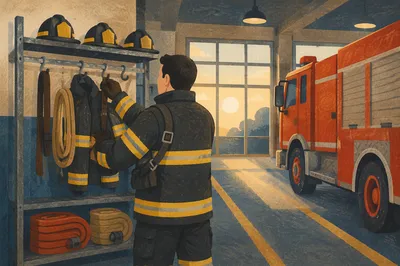 Firefighter Preparing Beside Fire Truck at Station