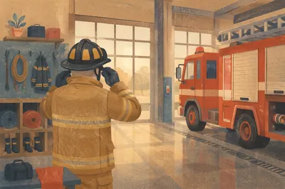 Firefighter Preparing Beside Fire Truck at Station