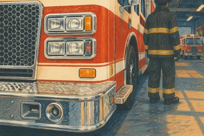 Firefighter Beside Red Fire Truck Station
