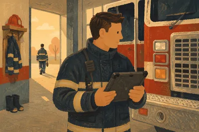 Firefighter Checking Tablet in Station Garage