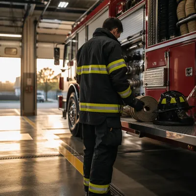 Firefighter Preparing Beside Truck at Dawn