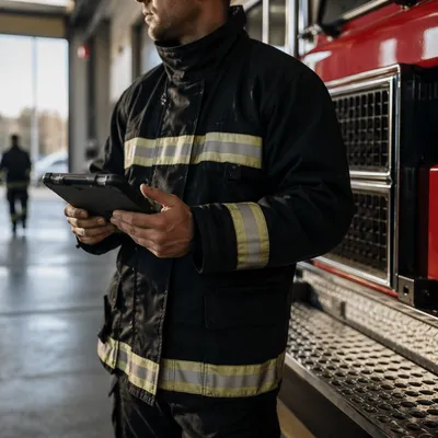 Firefighter Checking Tablet in Station Garage