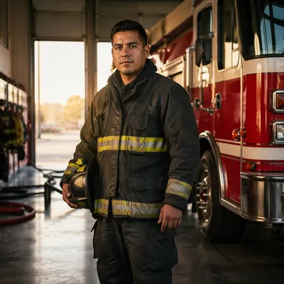Firefighter Standing Beside Fire Truck