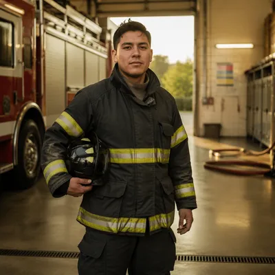 Young Firefighter Beside Fire Engine