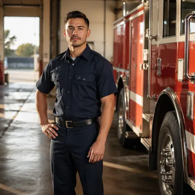 Young Firefighter Beside Red Fire Engine