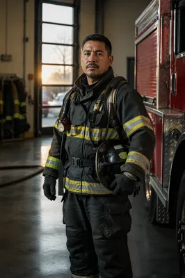 Firefighter Beside Truck in Station Bay