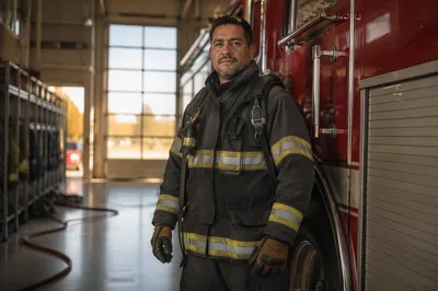 Firefighter Standing Beside Fire Truck