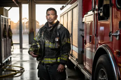 Firefighter Standing Beside Fire Truck