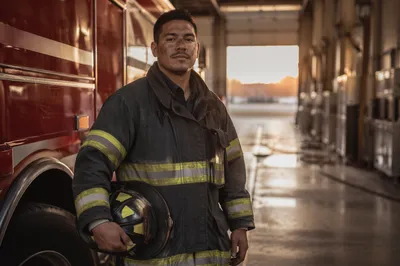 Firefighter Beside Red Engine at Dawn