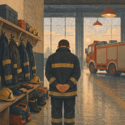 Firefighter Praying Quietly at Dawn Station