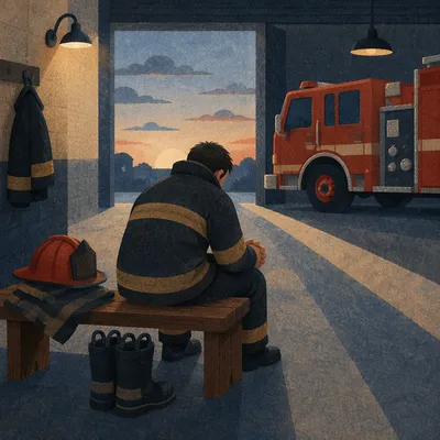 Firefighter Praying Quietly Before Dawn Shift