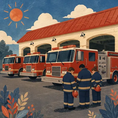 Firefighters Praying Outside Sunny Fire Station