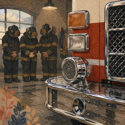 Firefighters Praying Quietly in Station Bay