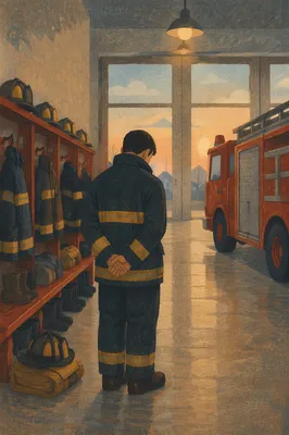 Firefighter Praying Quietly at Dawn Station