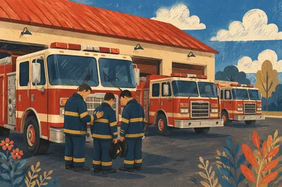 Firefighters Praying Outside Fire Station