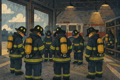Firefighters Praying Quietly Inside Fire Station