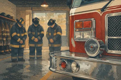 Firefighters Praying Quietly in Station Bay