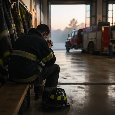 Firefighter Prayer at Dawn in Station
