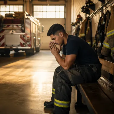 Firefighter Praying Quietly in Station Bay