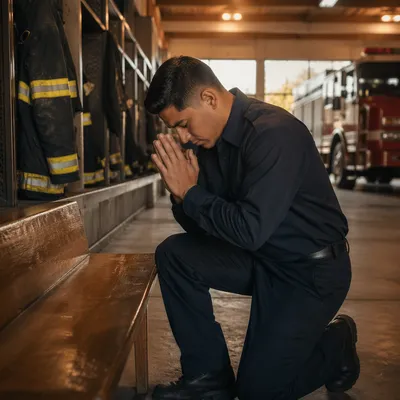 Firefighter Praying Quietly at Dawn Station