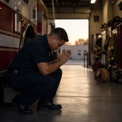 Firefighter Praying Beside Fire Engine at Dawn