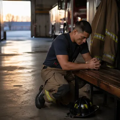 Firefighter Praying in Quiet Station Bay